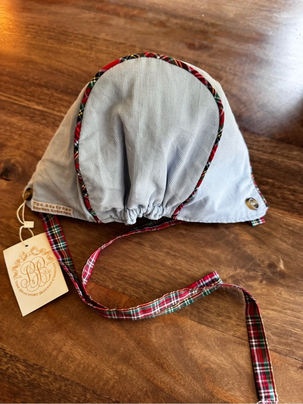 The Beaufort Bonnet Company Light Blue Bonnet with Red Plaid Trim